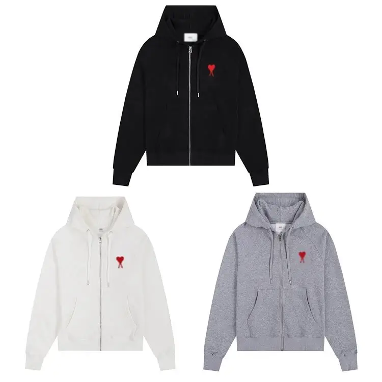 Ami Paris Ami de Coeur Zip Hoodie Black White Heather Grey