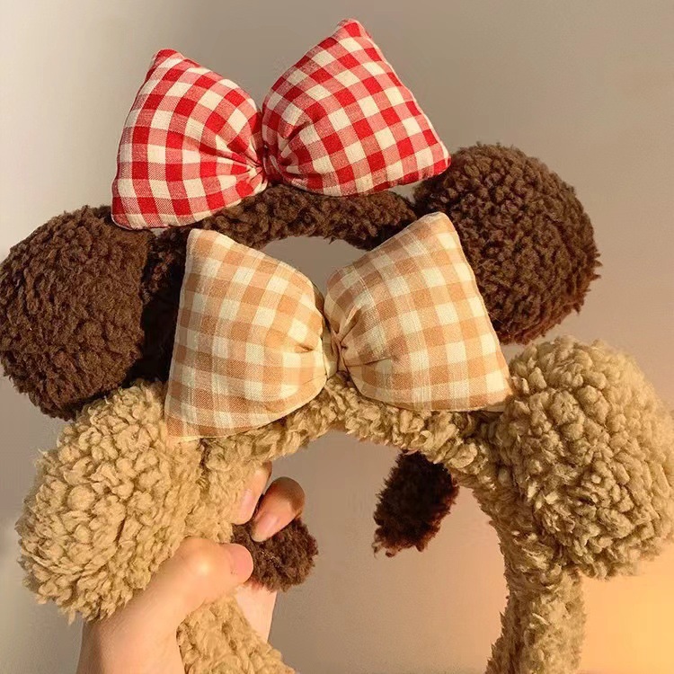 Cute Bow Bear Ear Plush Hair Band Women's Face Wash Hair Band Hair Card Cartoon Brown Headband Hair Accessories Winter