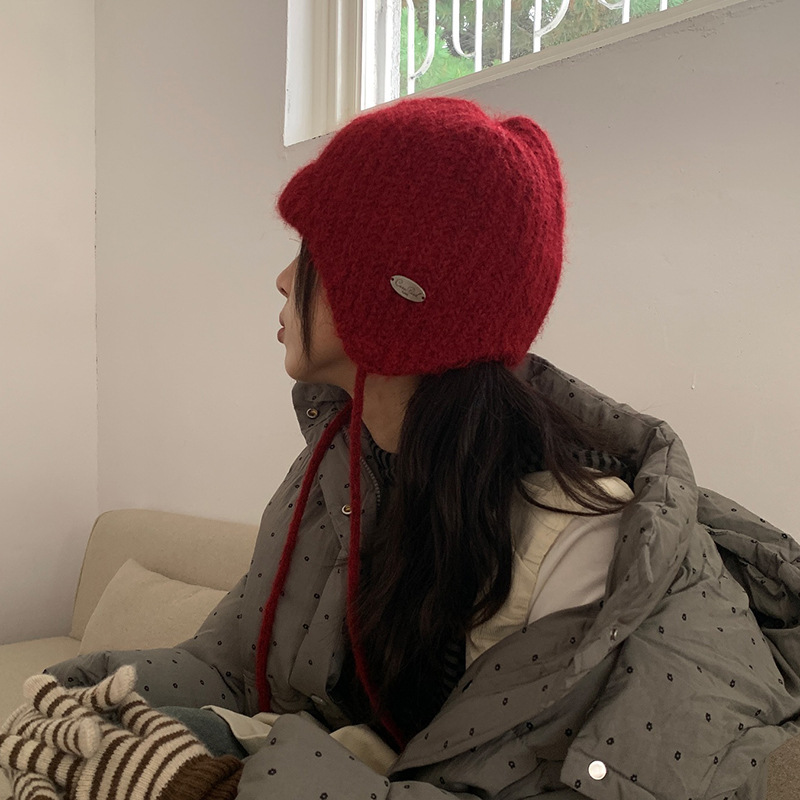 Korean Order ~ Skin-Friendly Warm Knitted Hat for Women 2025 Winter New Ear Protection Lei Feng Hat Red Woolen Hat