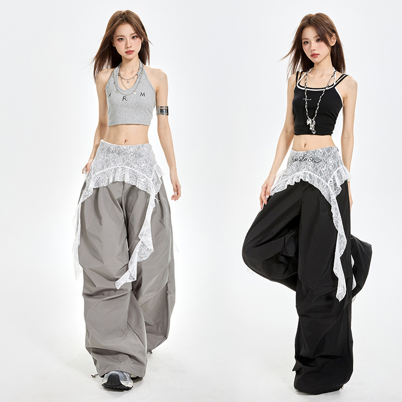 TXJ Lace Stitching Fake Two-piece Wide-leg Overalls Women's 2025 Summer Thin Pleated Loose Scimitar Casual Pants