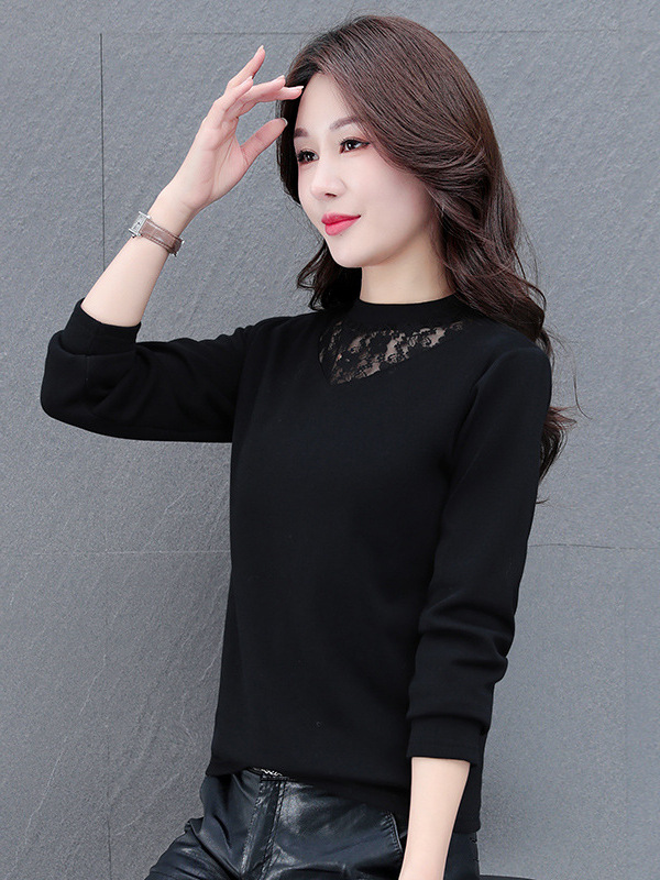 Half-high Collar Lace Base Shirt Women's Spring and Autumn Cotton plus size Long-sleeved T-shirt for Middle-aged Mother Black Top