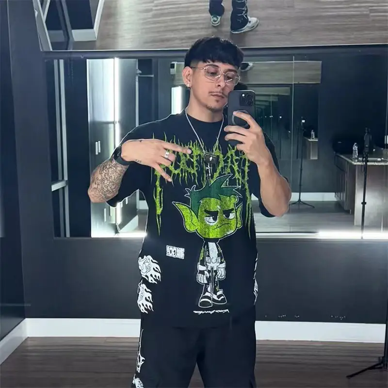 2025 Cross-Border Cartoon Trendy Popular Handsome Cartoon Flying Little Police Female Printed Short-Sleeved Summer Couple Wear Round Neck