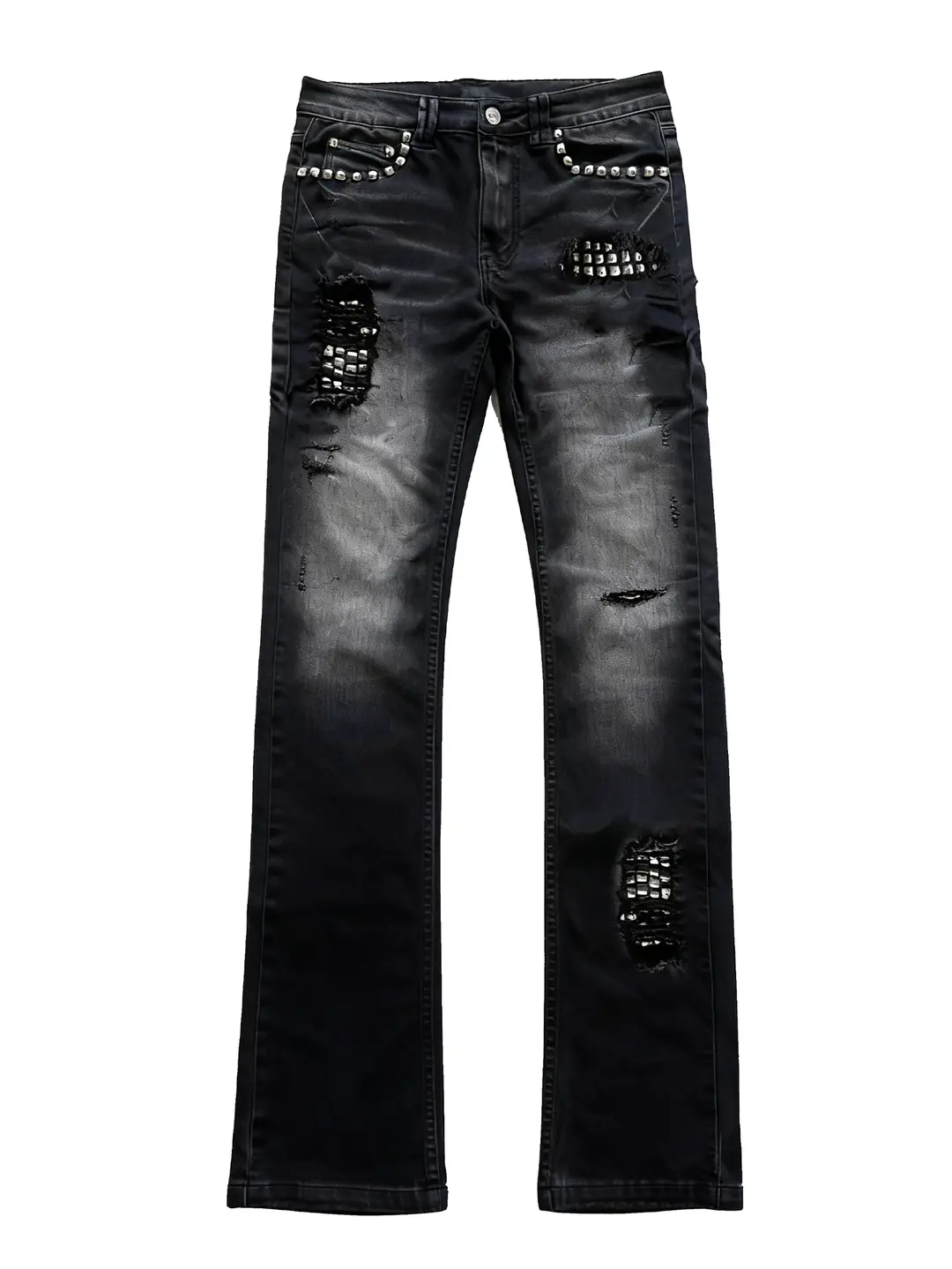 Paiki Virgin Destroyed Rivet Hole Washed Distressed Slim Fit Slightly Stretchy Jeans Visual Subculture Unisex