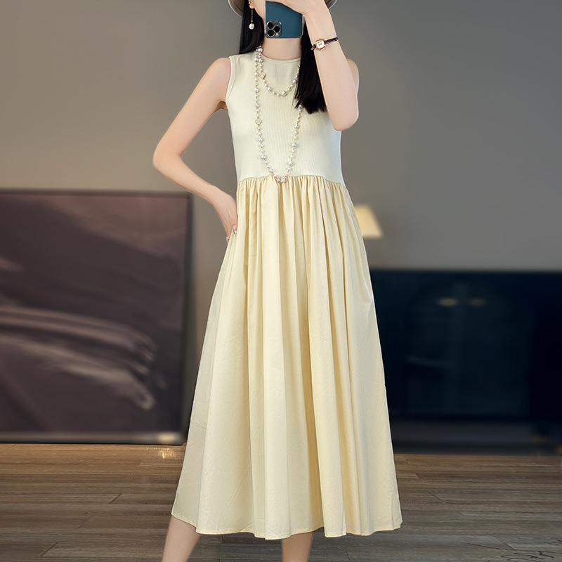 Triacetate satin silk sling dress women's 2024 summer low round neck long skirt A- Line skirt high waist sleeveless