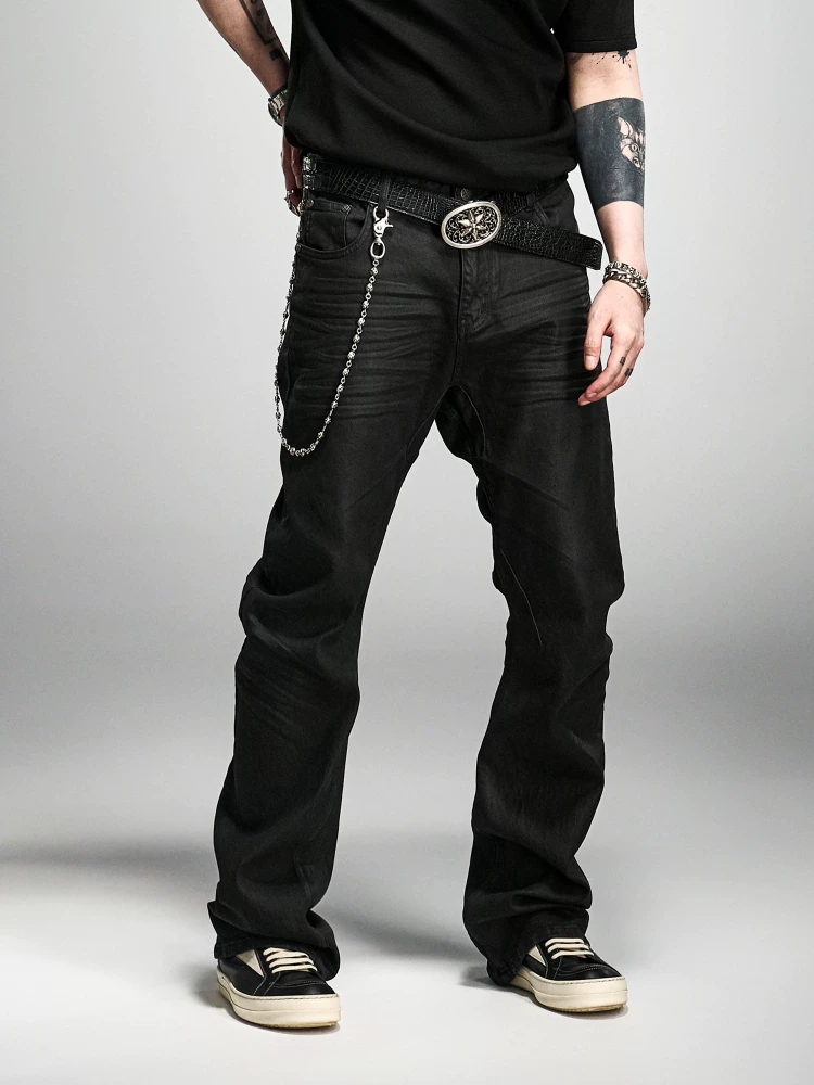 Eodup 24Ss Scimitar Three-Dimensional Cutting Stacked Avant-Garde Dark High Street Coated Brushed Wax Stretch Slim-Fit Jeans