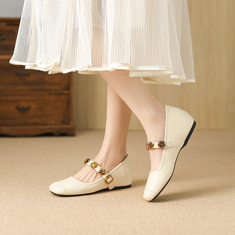 D338-10 Huiliya French Style Dress Round Toe Mary Jane Shoes Women's 2025 Spring New Metal Single Shoes