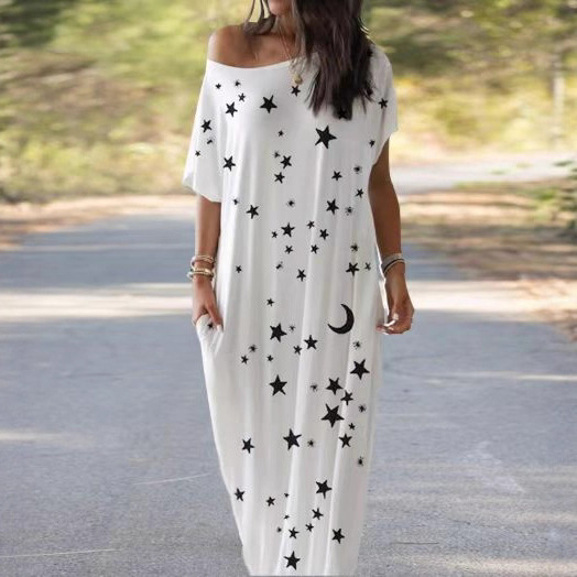 European and American Style Summer Moon and Star Print Long Dress Amazon Casual Short-Sleeve Round Neck Celestial Dress with Pockets