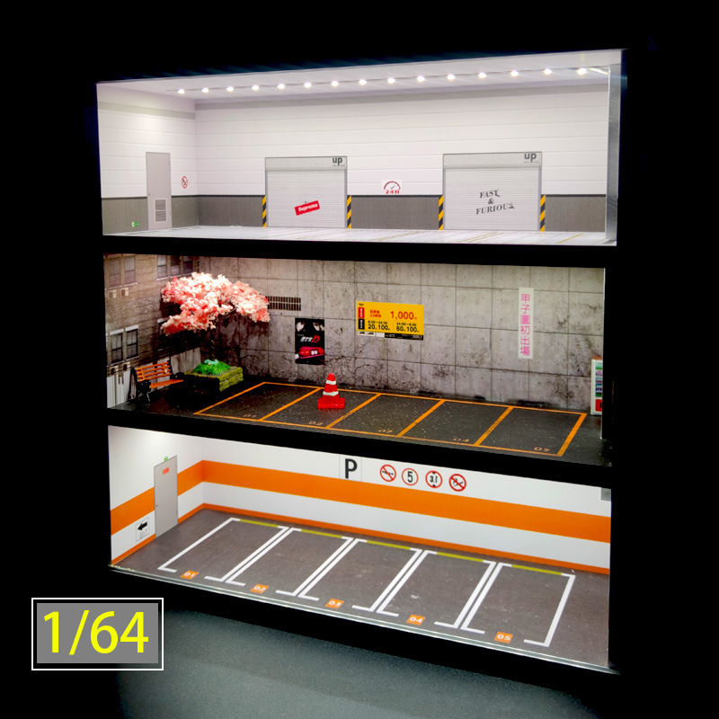 1/64 car model storage cabinet alloy car model parking scene underground parking lot cherry blossom scene repair factory Foto QC de 1688 na Qualit.ly