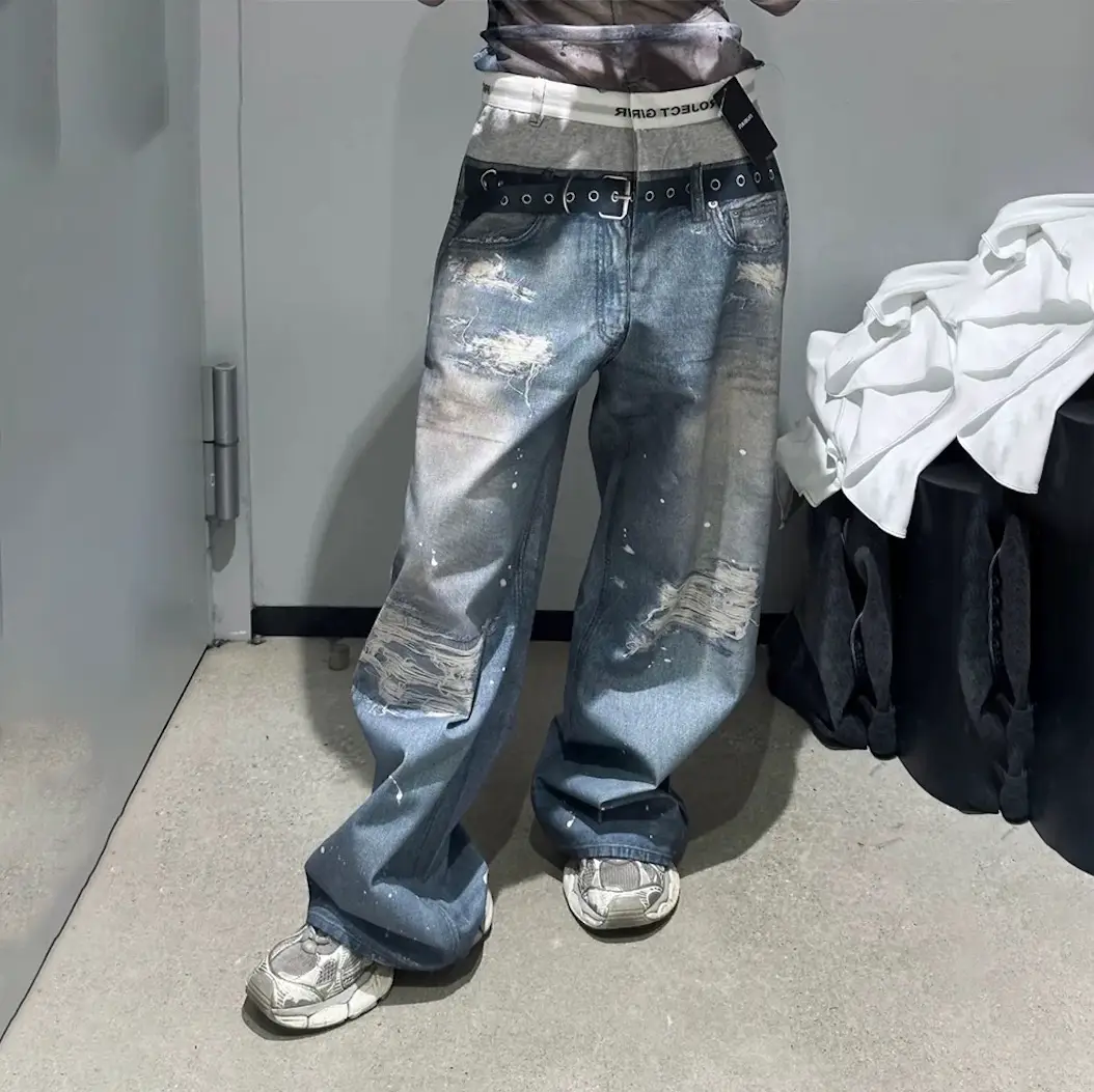 Grailz Project Style Fake Two-Piece Underwear Double Waist 3D Digital Print Destruction and Old Straight-leg Denim