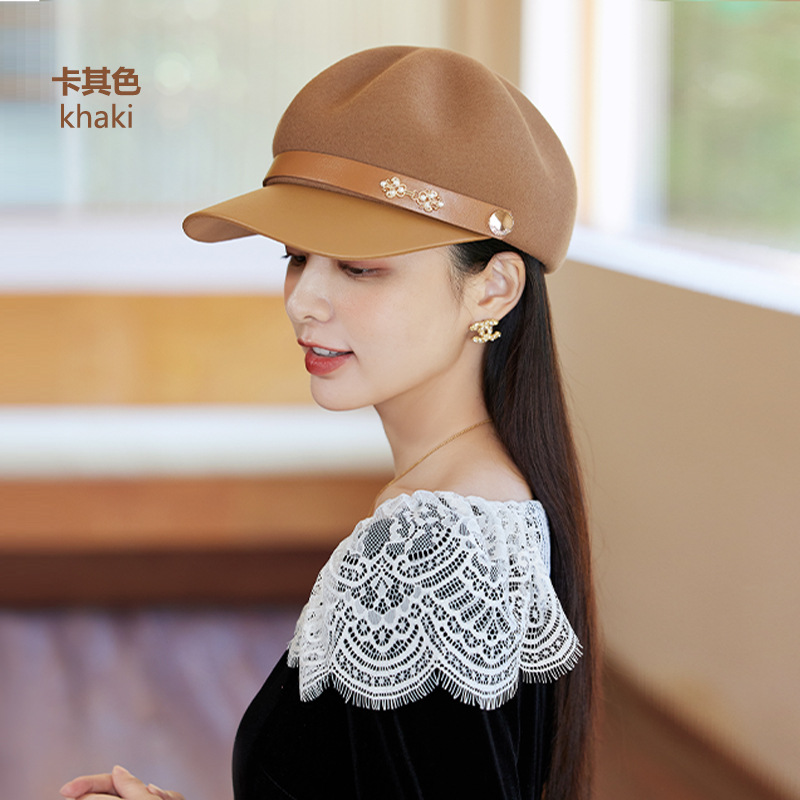 Wool British Octagonal Hat for Women Australian Merino Wool Autumn and Winter K-Style Versatile High-End Fashion Casual Peaked Cap