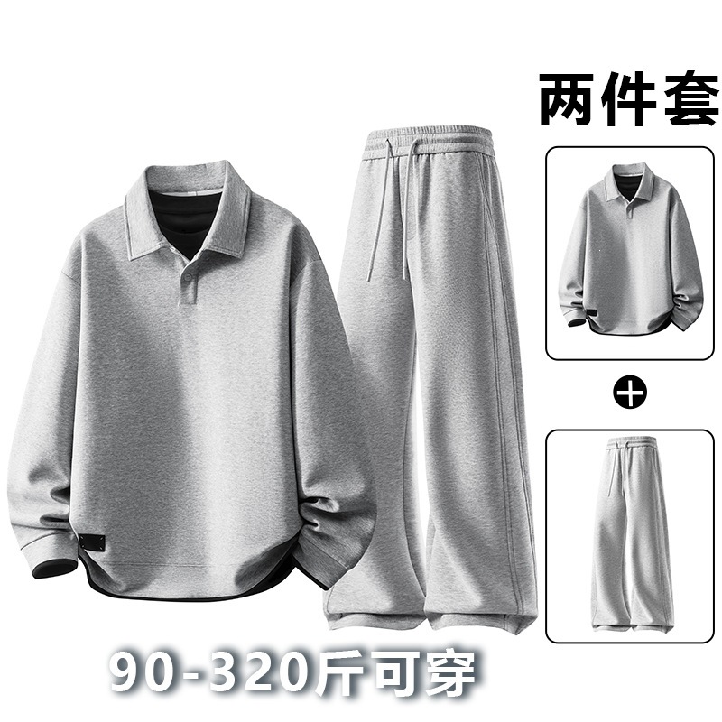 Spring and Autumn Plus-Size Men's Set, Extra Large Size, Faux Two-Piece Turn-Down Collar Sweatshirt, Long Pants, Long-Sleeve Shirt for Big and Tall Men