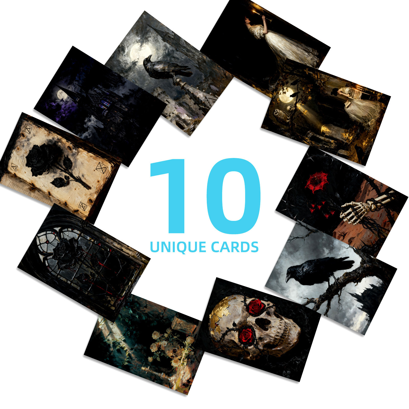 New Set of 10 Gothic Dark-Style Wall Greeting Cards with Castle, Crow, and Skull Decorations, Creating a Mysterious Atmosphere Wall Cards