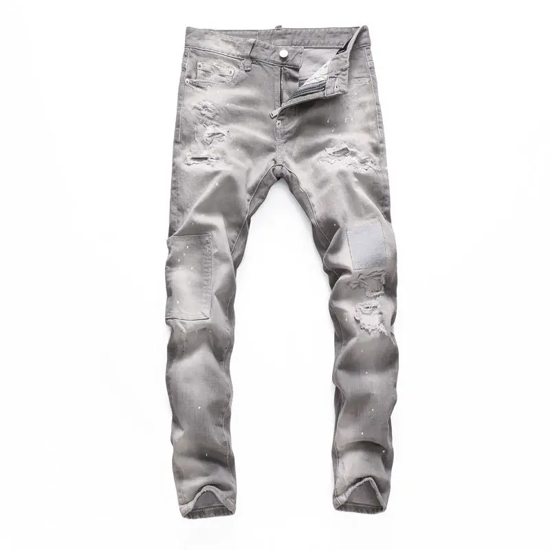 European Station New Smoke Grey Knife Cut Hole Patch Beggar Jeans Men's Korean-style Fashionable Slim-fit Skinny Pants