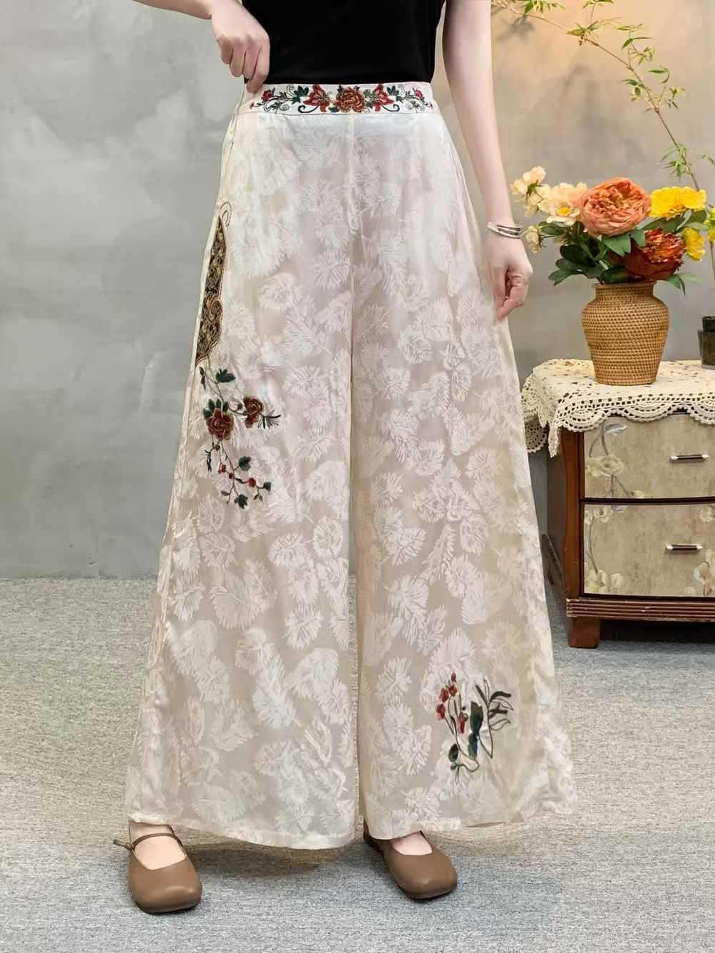2025 Summer Solid Color Satin Jacquard Embroidery Wide Leg Pants National Style Literary Embroidery Women's Nine-Point Wide Leg Pants