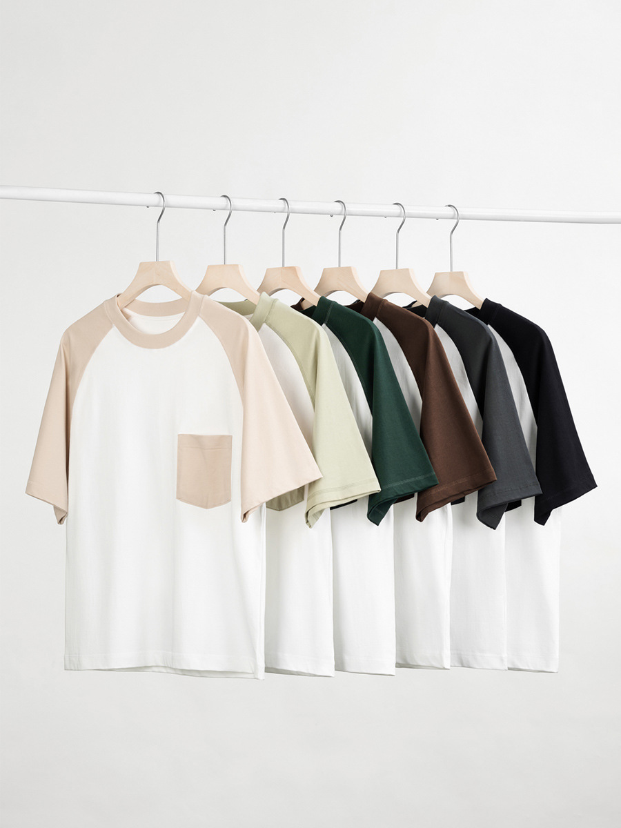 2024 Street Trendy Raglan Sleeve Cotton Men's T-shirt Contrast Color Pocket Summer Short Sleeve Wholesale Cotton Casual Top Clothes