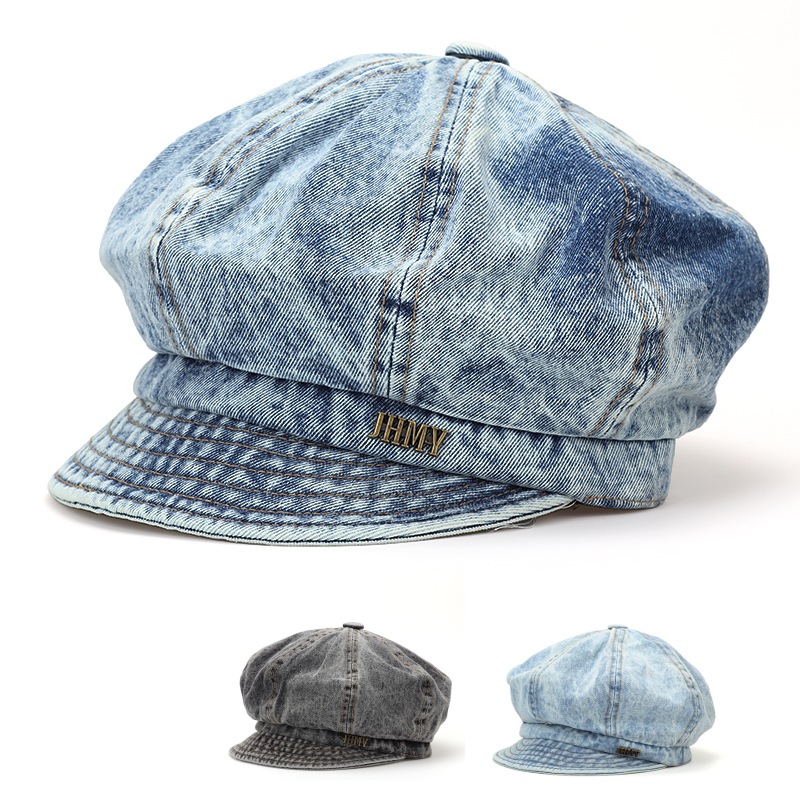 Vintage Fashion Washed Denim Octagonal Hat for Women, Korean Style, Large Head Circumference, Cloud Hat, Face-Slimming Beret, Painter's Hat