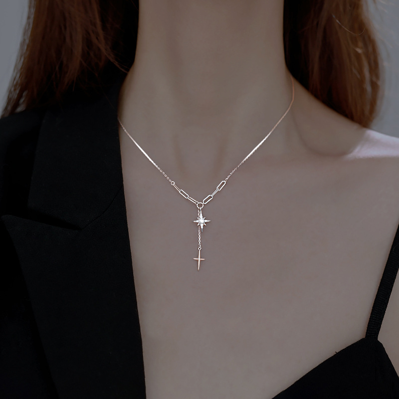 Diamond Star Cross Pendant Collarbone Chain Christmas Season All-match Unique Design Tassel Star Stitching Necklace