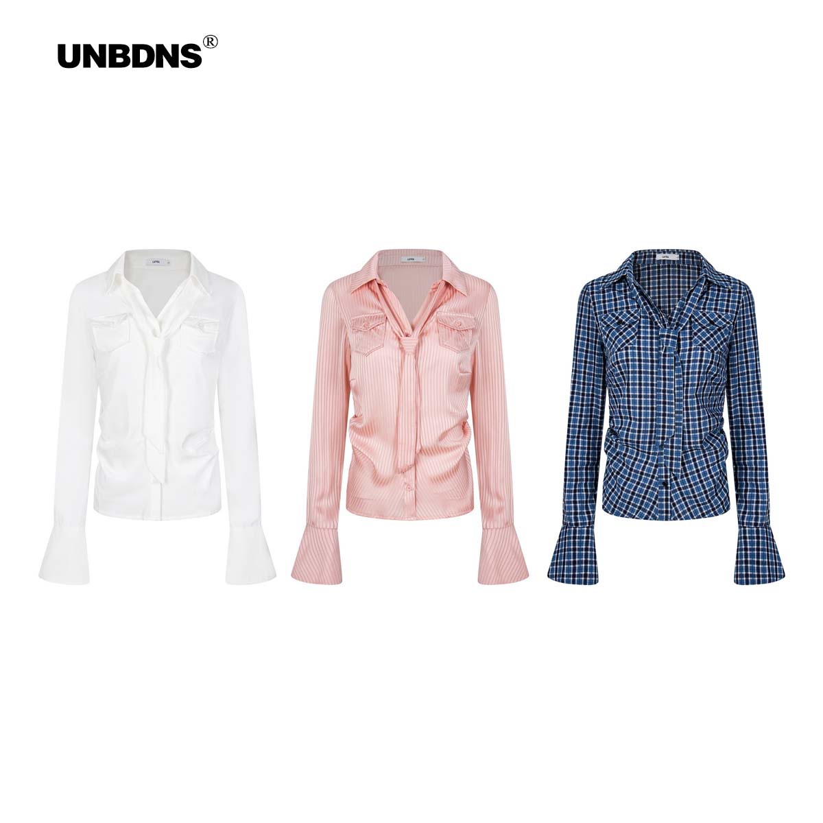 Unbdns Original Korean Style Waist-Cinching Slim-Fit Shirt, Long-Sleeved Pocket Waist-Cinching Top, Feminine Autumn Shirt