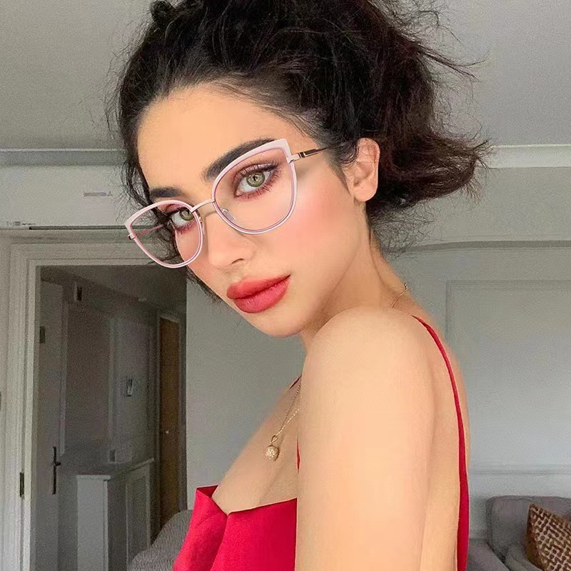 European and American new cat eye glasses frame women's fashion metal all-match plain glasses personality cross-border spring hinge