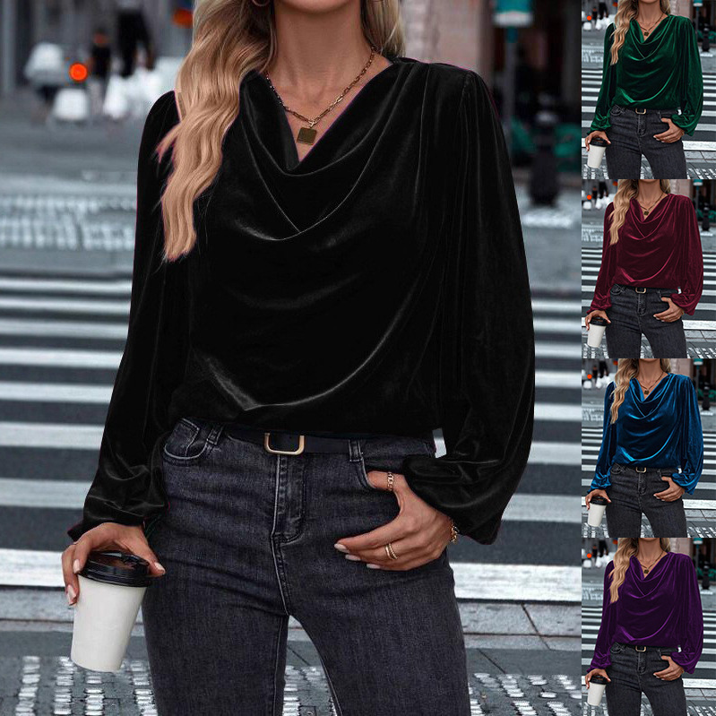 2025 Autumn and Winter New Cross-Border Women's Clothing Amazon Wish European and American Korean Velvet Pile Collar Women's Long-Sleeved Tops for Women
