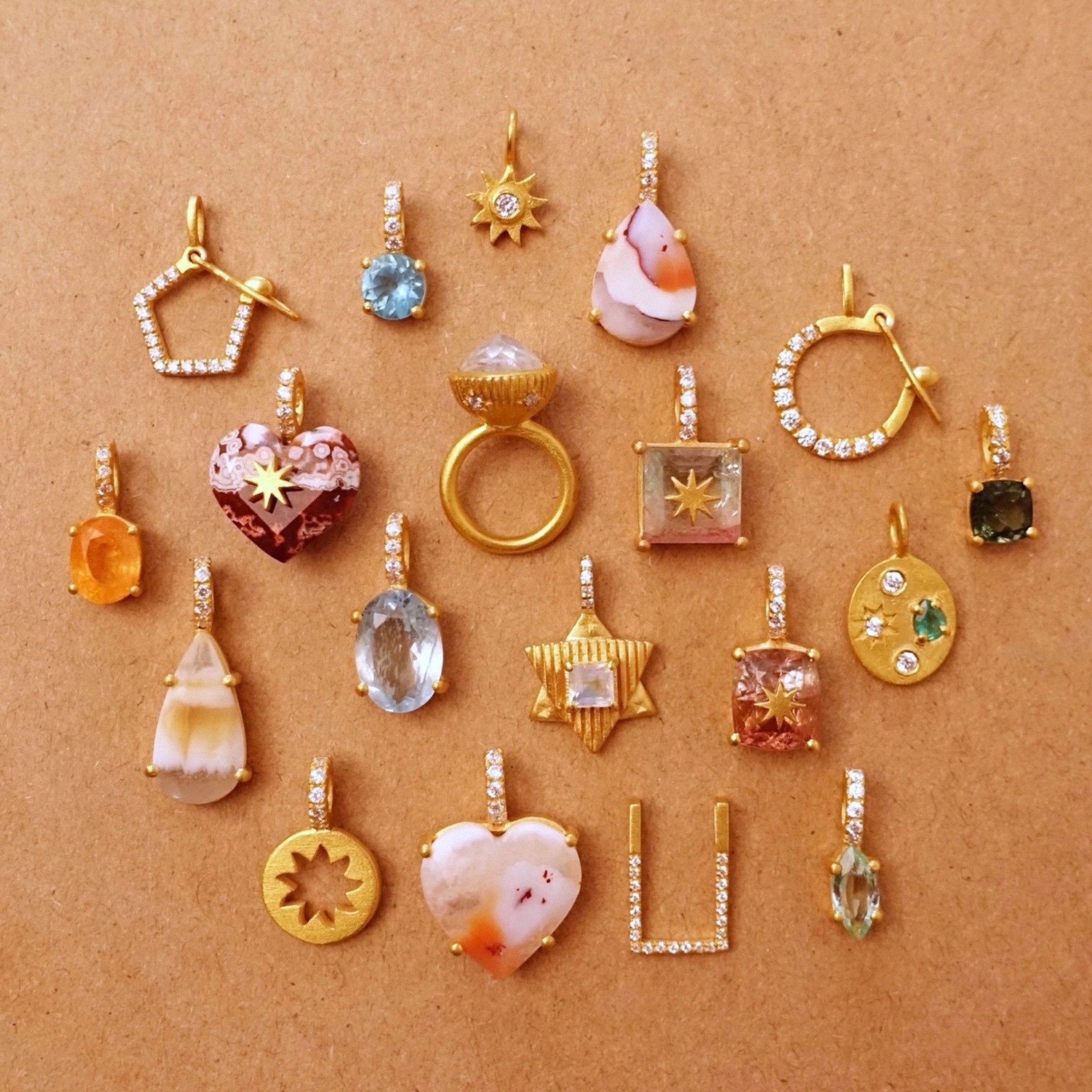 European and American Cross-Border New Geometric Natural Stone Zircon Style Pendant DIY Heart-Shaped Colorful Series 18K Gold Color-Preserving Batch