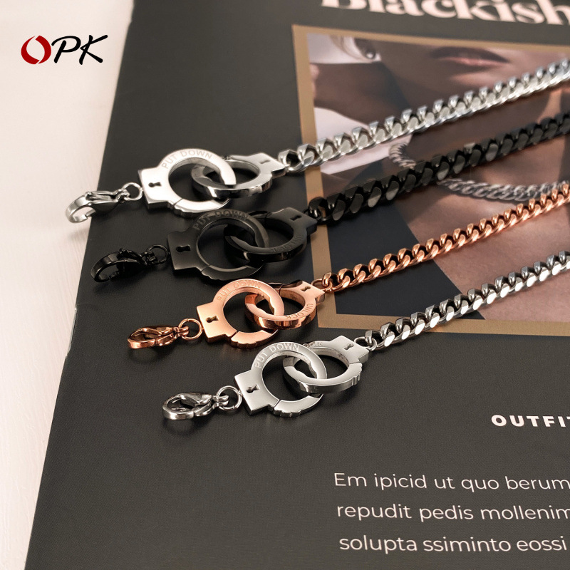 OPK cross-border European and American fashion brand personalized stainless steel handcuffs bracelet simple Joker couple titanium steel jewelry wholesale