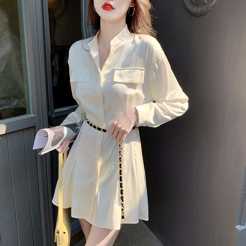 2022 Spring New Style Elegant Shirt Dress Women's High-end Sense Slim Shirt Dress Royal Sister Style Satin Skirt