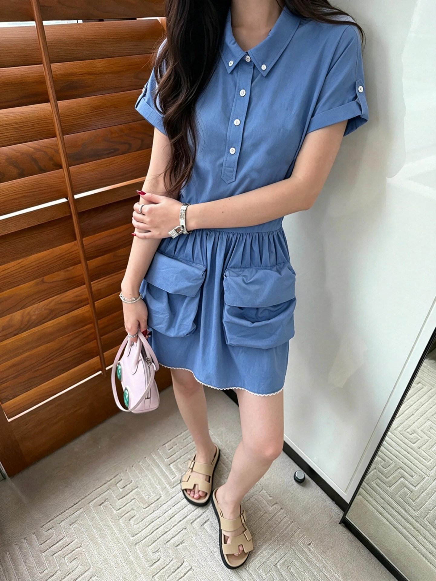 26 New Summer Style Shirt Dress, Short-Sleeved, Loose, Large Pockets, Slimming Short Skirt, Age-Reducing, Versatile Blue Short Skirt