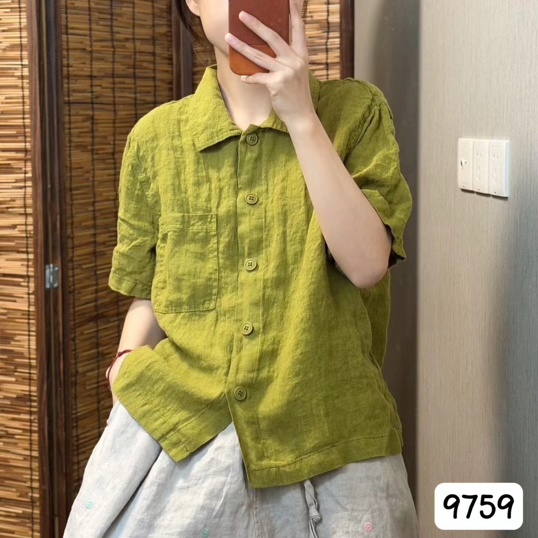 2026 Summer New Style Linen Solid Color Short-Sleeved Versatile Shirt Loose Slimming Look Work Clothing Short-Sleeved Top for Women