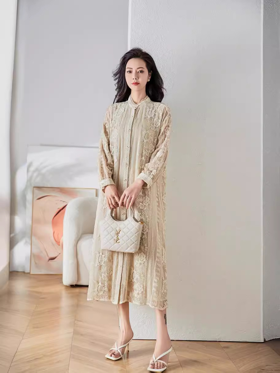 2026 New Spring and Summer Hangzhou Heavy Embroidery Mulberry Silk Dress Long-Sleeved Elegant Women's Silk Dress Manufacturer