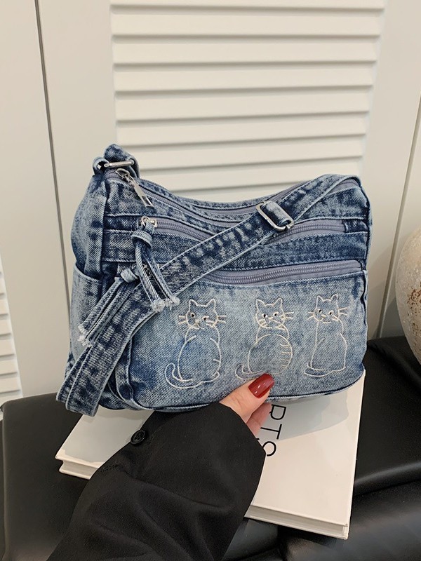 High-End Embroidered Casual Color-Blocked Washed Denim Bag 2026 New Cute Cat Small Square Crossbody Bag