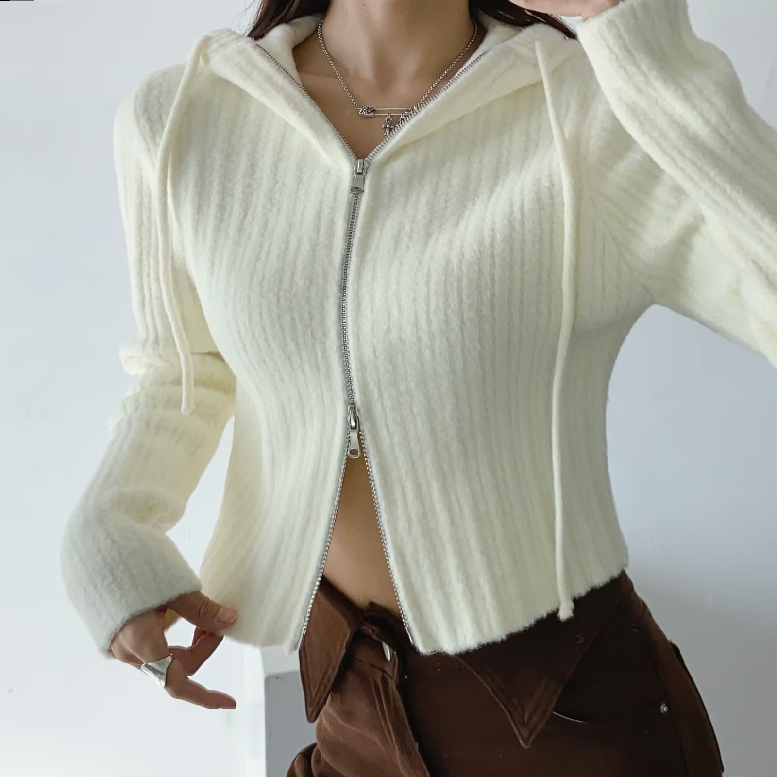 European and American street shot hooded short sweater women's autumn and winter New sweet cool hot girl zipper cardigan mohair short coat