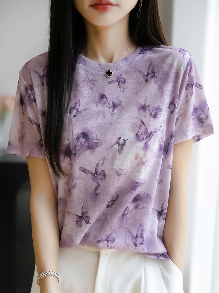 Tencel T-Shirt for Women with Printed Gradient Round Neck Short-Sleeve Top, Summer Lyocell Loose Knit Short-Sleeve Women's T-Shirt Blouse
