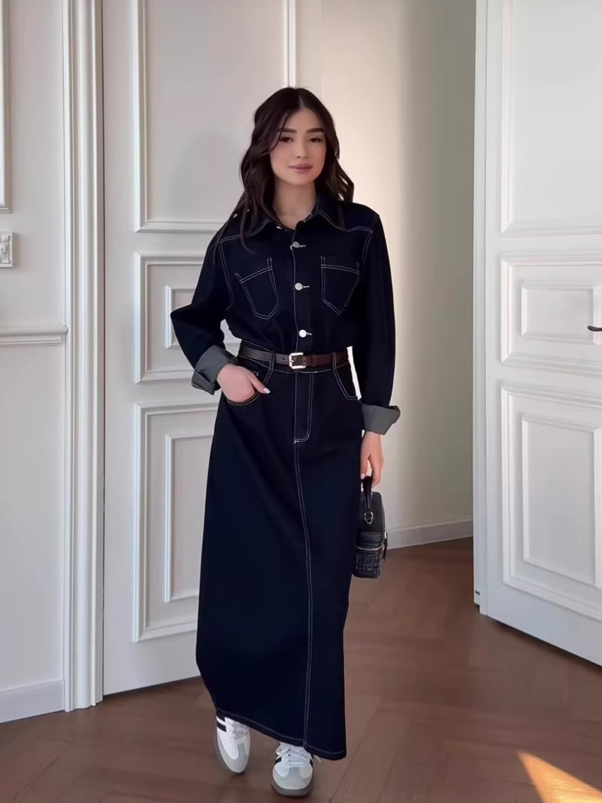 Amazon European and American Cross-Border 2026 Spring New Retro Casual Style Long-Sleeved Denim Long Skirt Dress for Women
