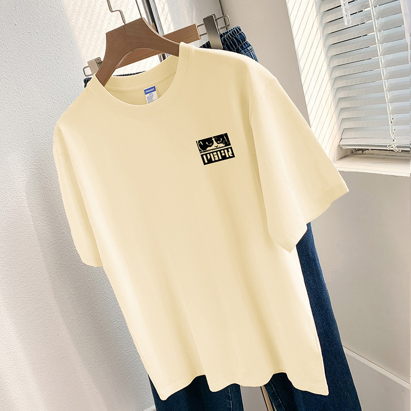 260g Heavy Cotton T-shirt Women's Short Sleeve Foreign Style Niche Chic Top Cat Printed T-shirt Cotton Half Sleeve