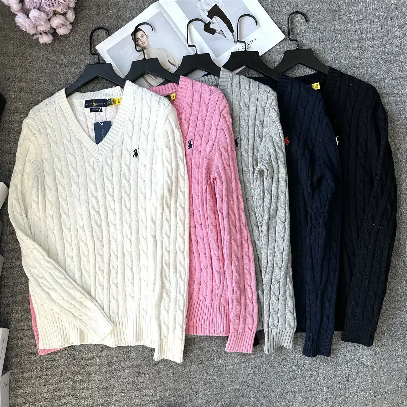 Classic Pony Logo Vintage Gray V-Neck Cable Knit Embroidered Wool Pullover Sweater Wholesale