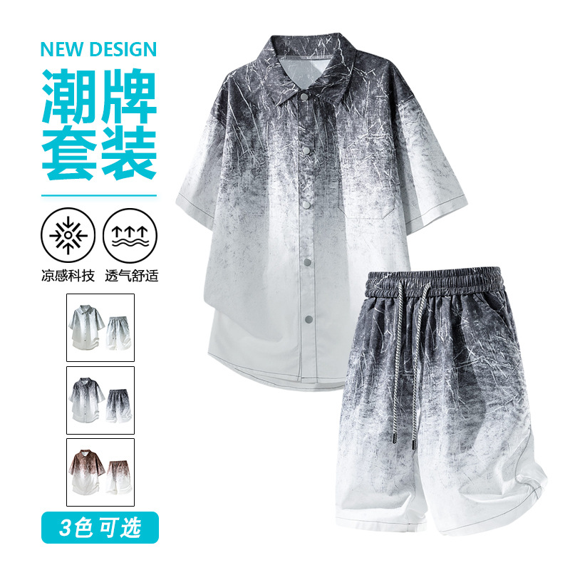 2026 Summer Gradient Short-Sleeved Shirt Suit for Men, High-End Street Style Shorts, Casual Two-Piece Set, Plus Size