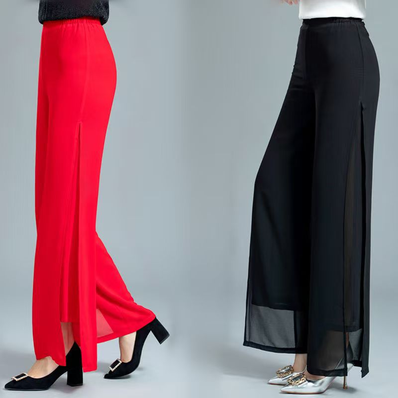 Double-Layer Chiffon Wide-Leg Pants for Women, High-Waisted, 2025 New Style, Drapey Wide-Leg Skirt Pants, Dance Pants with Slits, Loose Fit