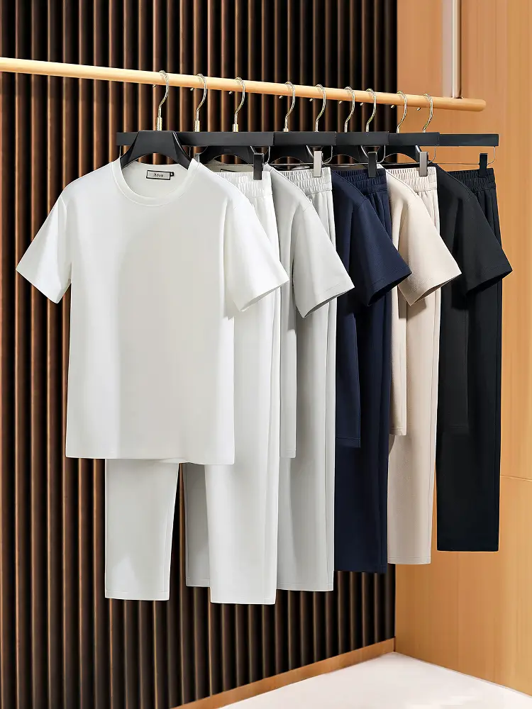 Summer Ice Silk Mask Air Layer Space Cotton Modal Two-piece Set Men Pure Color Short Sleeve Casual Sports Suit