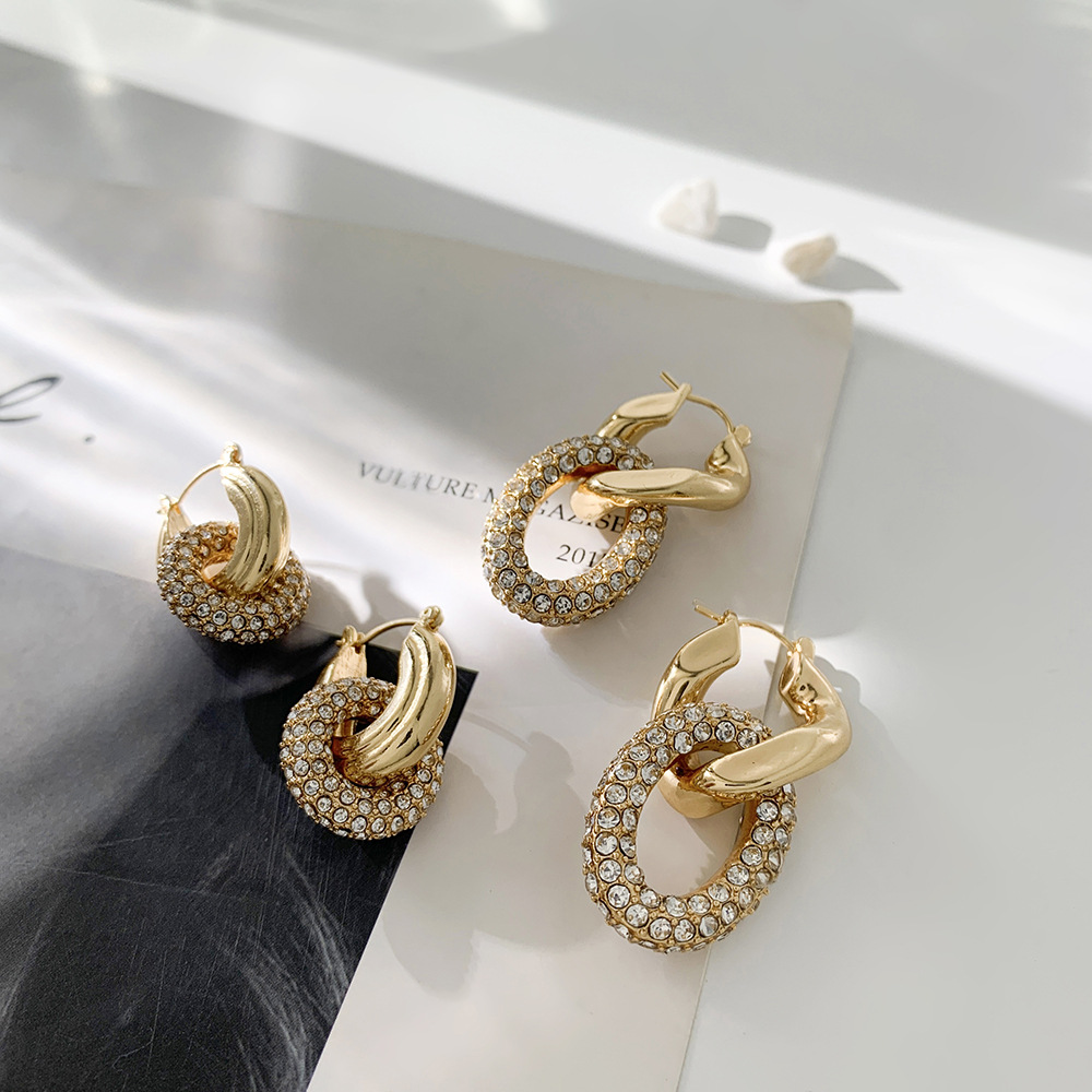 European and American Cross-Border 18K Gold Double-Ring Plated Circle Micro-Encrusted Diamond Earrings Earrings Exaggerated Earrings Detachable Ear Buckles