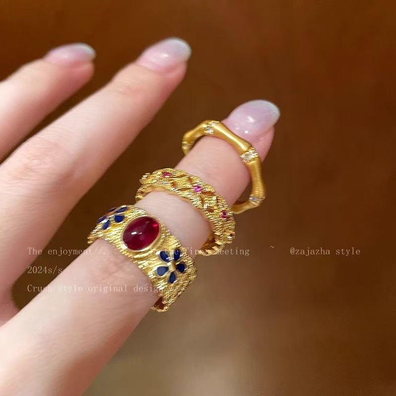 Vintage Court-Style Enamel Bamboo Ring Wholesale New Chinese Style Light Luxury Niche High-End Index Finger Ring for Women Adjustable Ring
