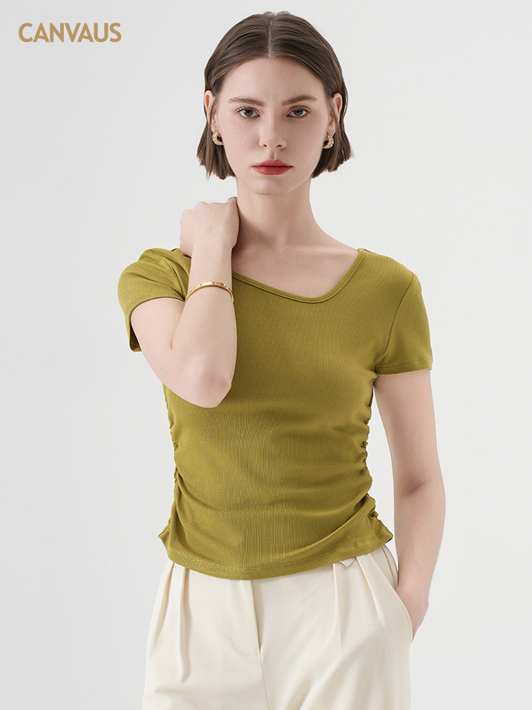 CANVAUS Short-sleeved T-shirt Women's Summer Oblique Collar Design Solid Color Simple Slim-fit Rib Short Sleeve Trendy Top