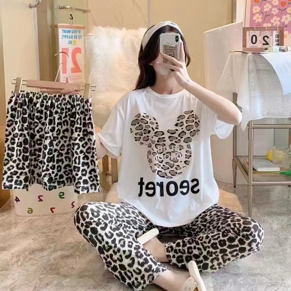 New Style Pajamas for Women, Summer Short-Sleeved Long Pants and Shorts, Women's Three-Piece Set, Korean Style Cartoon Sweet and Cute Home Clothes