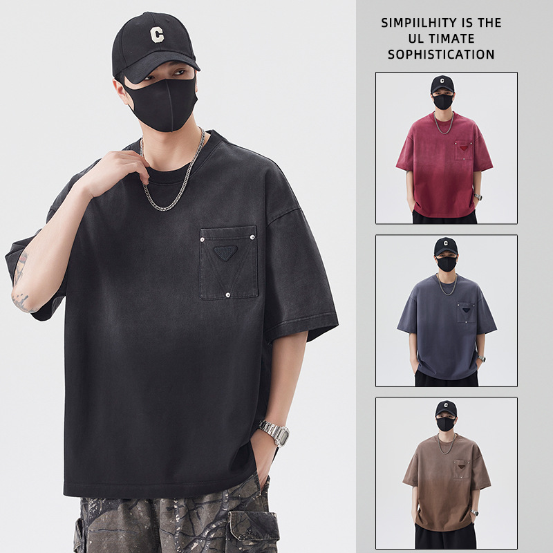High-End Tie-Dye Short-Sleeved Men's 2026 Summer Heavy-Duty Washed Pure Cotton Couple's Gradient American High Street Round Neck T-Shirt