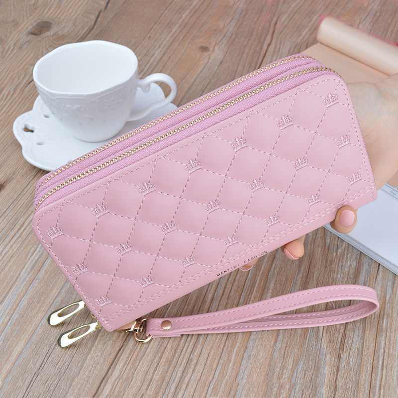 Women's Wallet Women's Long Double Zipper Clutch Bag Mother's Soft Wallet Rhombus Embroidered Crown Large Capacity Double Wallet