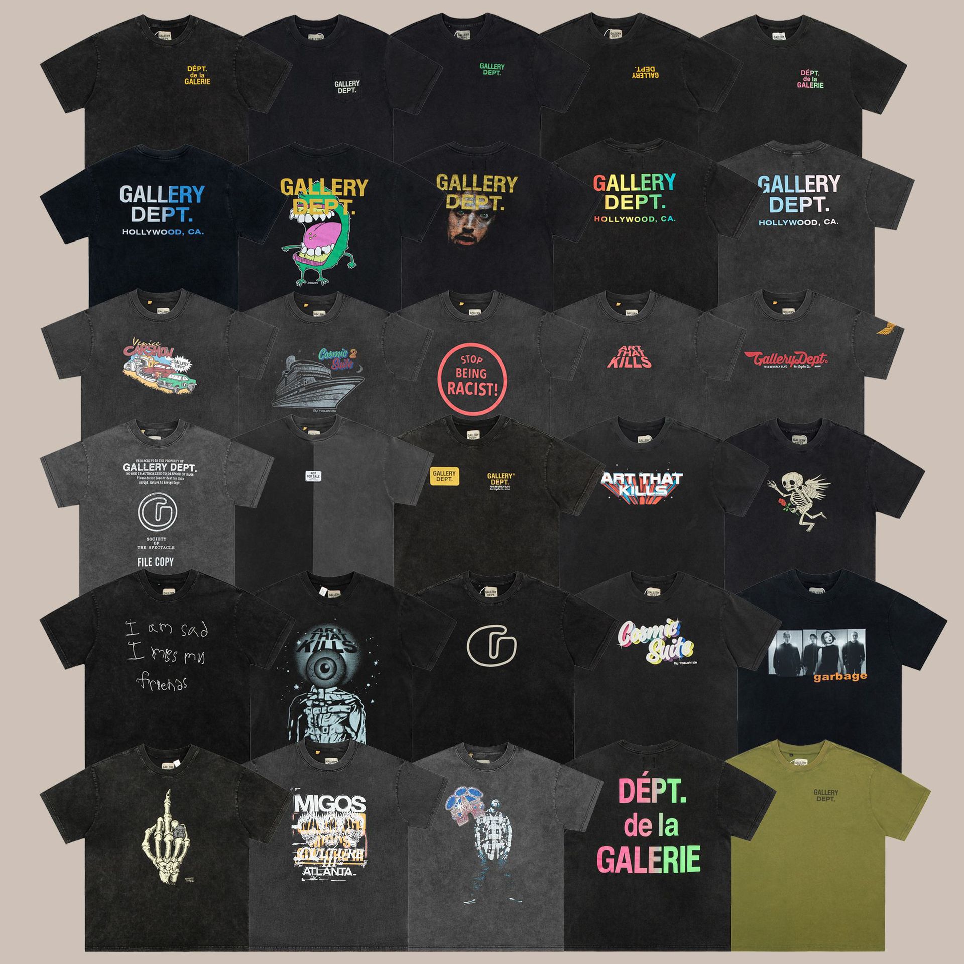 Gallery Dept Drive Washed Distressed Short-Sleeved American Fashion Vintage Retro Couple Summer T-Shirt for Men