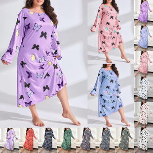 2025 European and American New Fat Women's Clothing Temu Amazon Long-Sleeved Butterfly Print Off-Shoulder Large Size Long Nightgown
