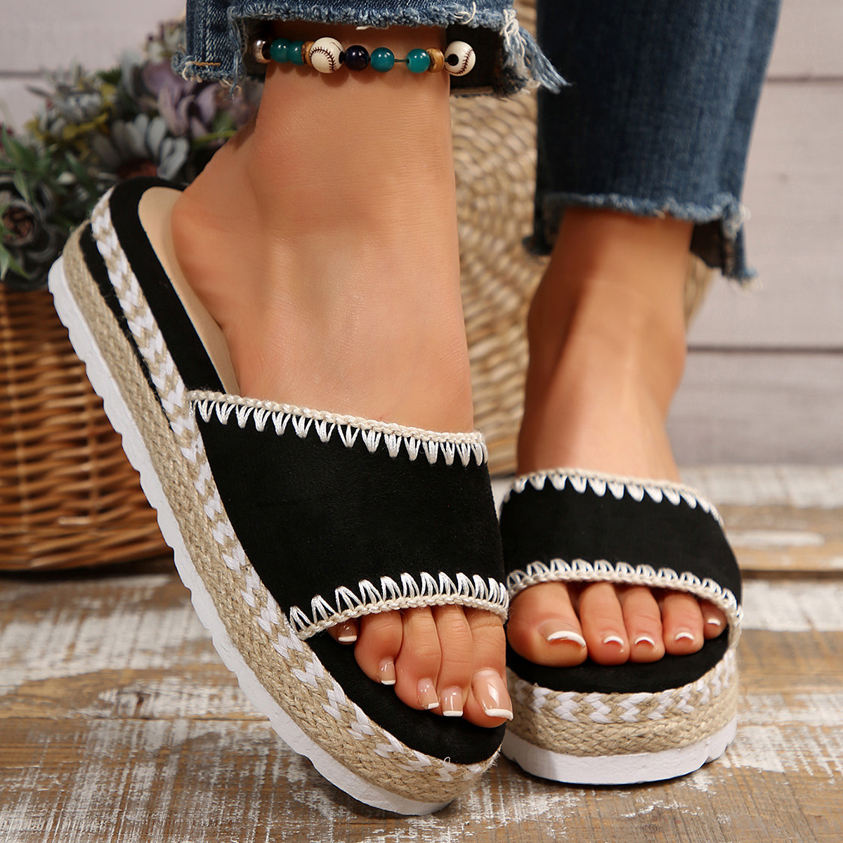 Thick-Soled Sandals for Women, Size 26, New Summer Style, Cross-Border Large Size, Single-Strap, Braided Sole, Lace Fabric Surface, European and American Style, Outdoor Wear Sandals