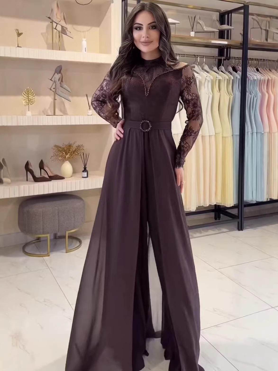 Spring 2026 European and American Cross-Border Foreign Trade New Style Slim-Fit Lace Elegant Half-High Collar Printed Tie-Up Long Dress Women's Clothing