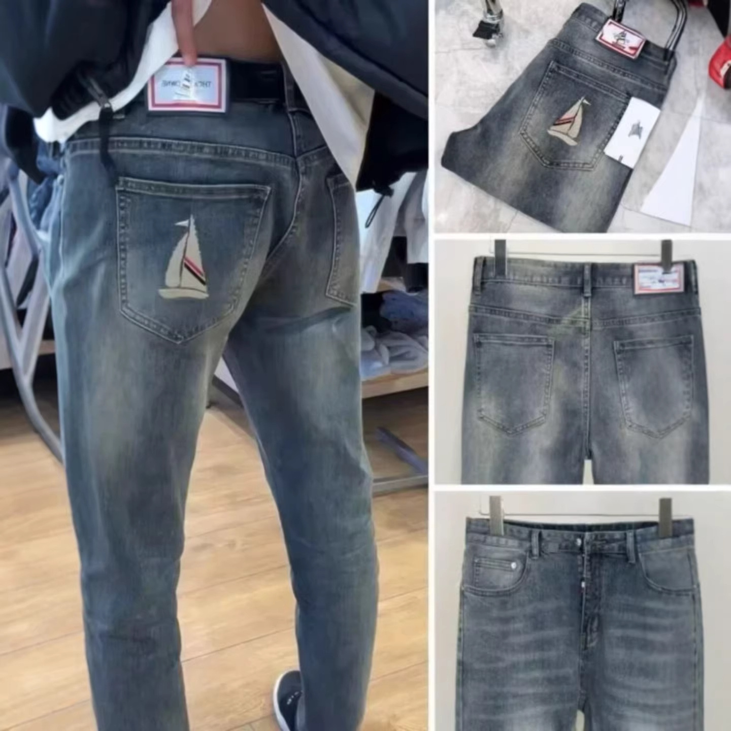 Influencer-Style Tb Sailboat Solid Color Jeans for Men, Casual and Stylish Trendy Brand Slim-Fit Long Pants